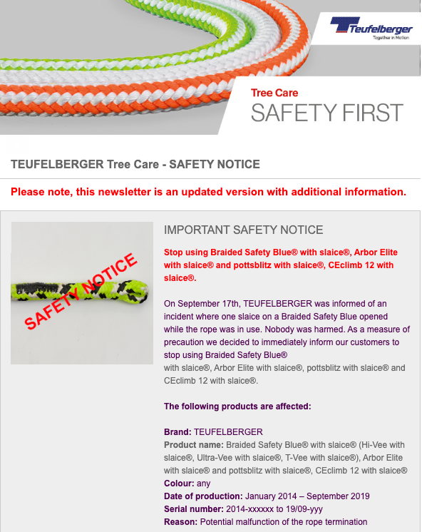 STOP USE SAFETY NOTICE from Teufelberger